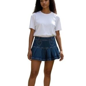 Sweet Society Hot Topic Heart Patch Pleated Denim Skirt XL Pink Stitching
